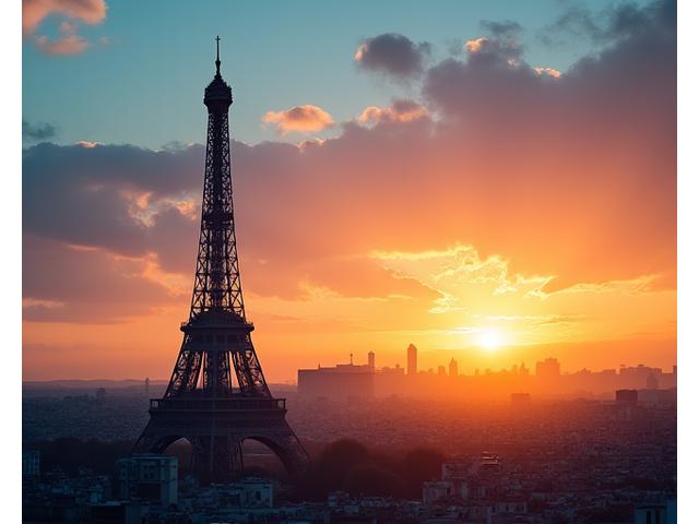 Eiffel Tower in Paris at sunset, a popular city break and cultural destination.