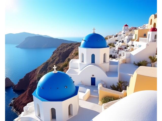 White-washed buildings and blue domes of Santorini, Greece, a romantic relaxation and beach destination.